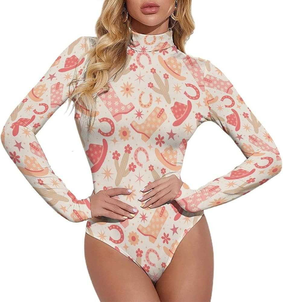 Long Sleeve Bodysuit for Women - Cowgirl Boots A Turtle Neck Body Suits Tops Jumpsuit for Womens | Amazon (US)