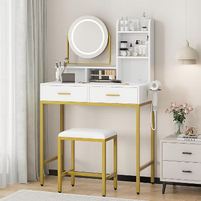 Adjustable Vanity Desk with Rotating Mirror and Storage Shelves, Makeup Table with Power Outlet, 2 Drawers, Stool, for Dressing Room | Target