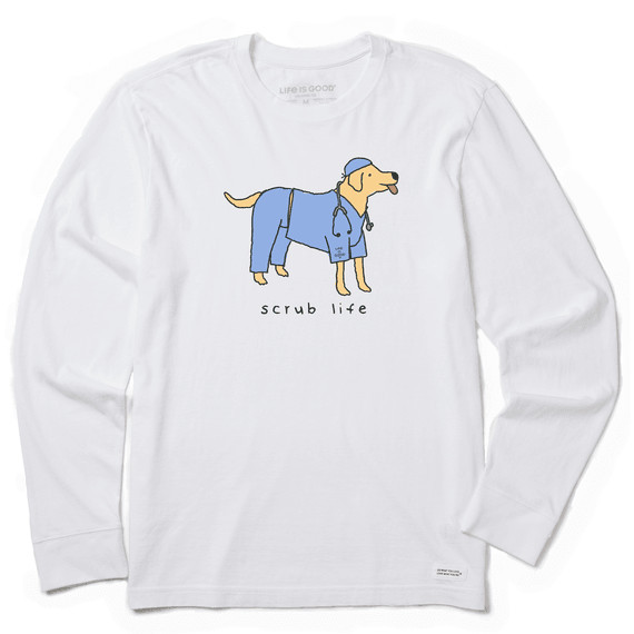 Life is Good Men's Scrub Life Dog Long Sleeve Crusher T-Shirt in Cloud White Size 3XL | 100% Cotton | Life is Good