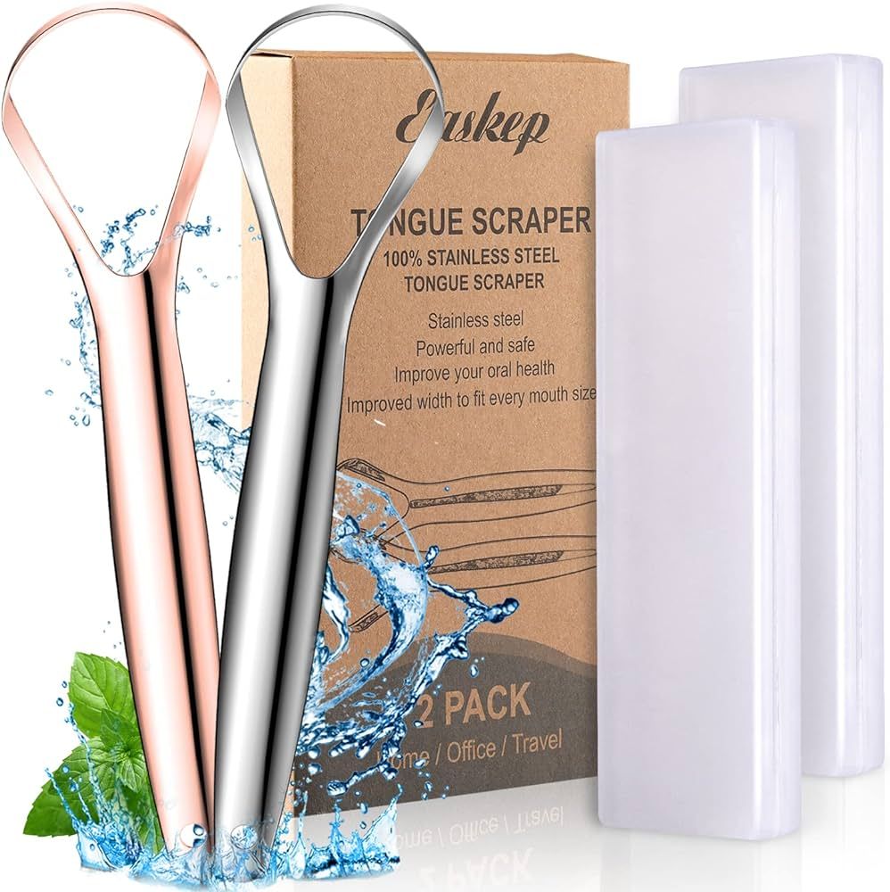 Tongue Scraper (2 Pack), Wide-head Tongue Cleaner with Nice Carrying Box, Easkep 100% Stainless S... | Amazon (US)