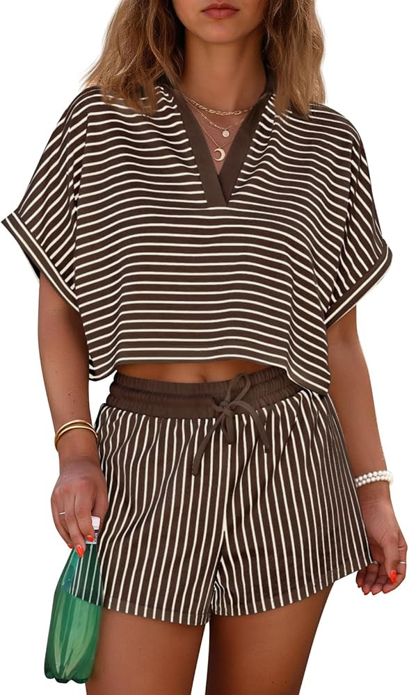 Cicy Bell Womens Striped 2 Piece Short Sets Summer Short Sleeve Collared V Neck Cropped Tops Vaca... | Amazon (US)