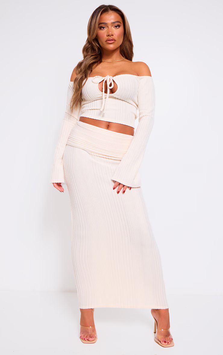 Cream Rib Fold Over Waist Maxi Skirt | PrettyLittleThing US