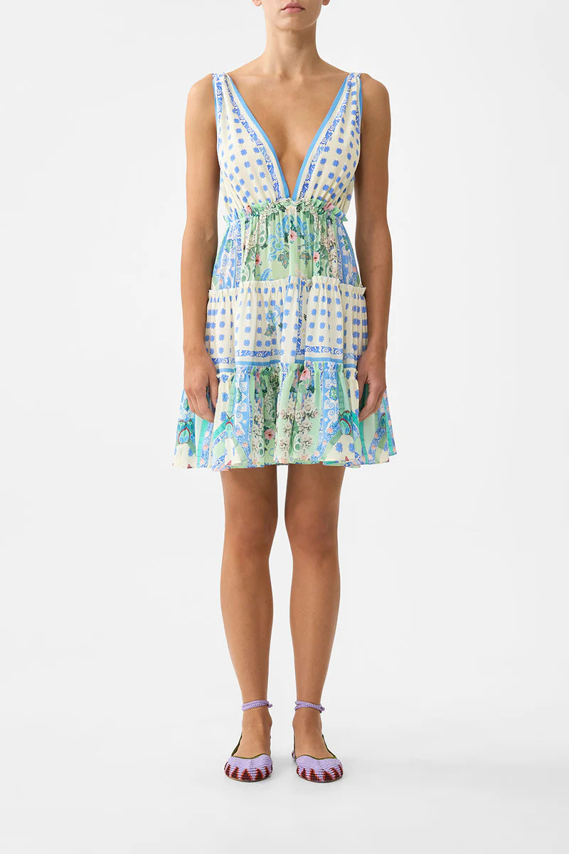 TIERED SHORT DRESS WITH SHOULDER TIES MIDSUMMER MOSAICS | Camilla US