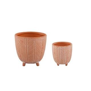 Flora Bunda 6 in. x 4 in. Terracotta Orange Chevron Ceramic Footed Pot (Set of 2) CT837E2-OR - Th... | The Home Depot