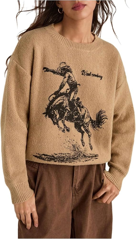 WDIRARA Women's Graphic Sweater Crew Neck Long Sleeve Pullover Knit Tops Western Sweaters | Amazon (US)