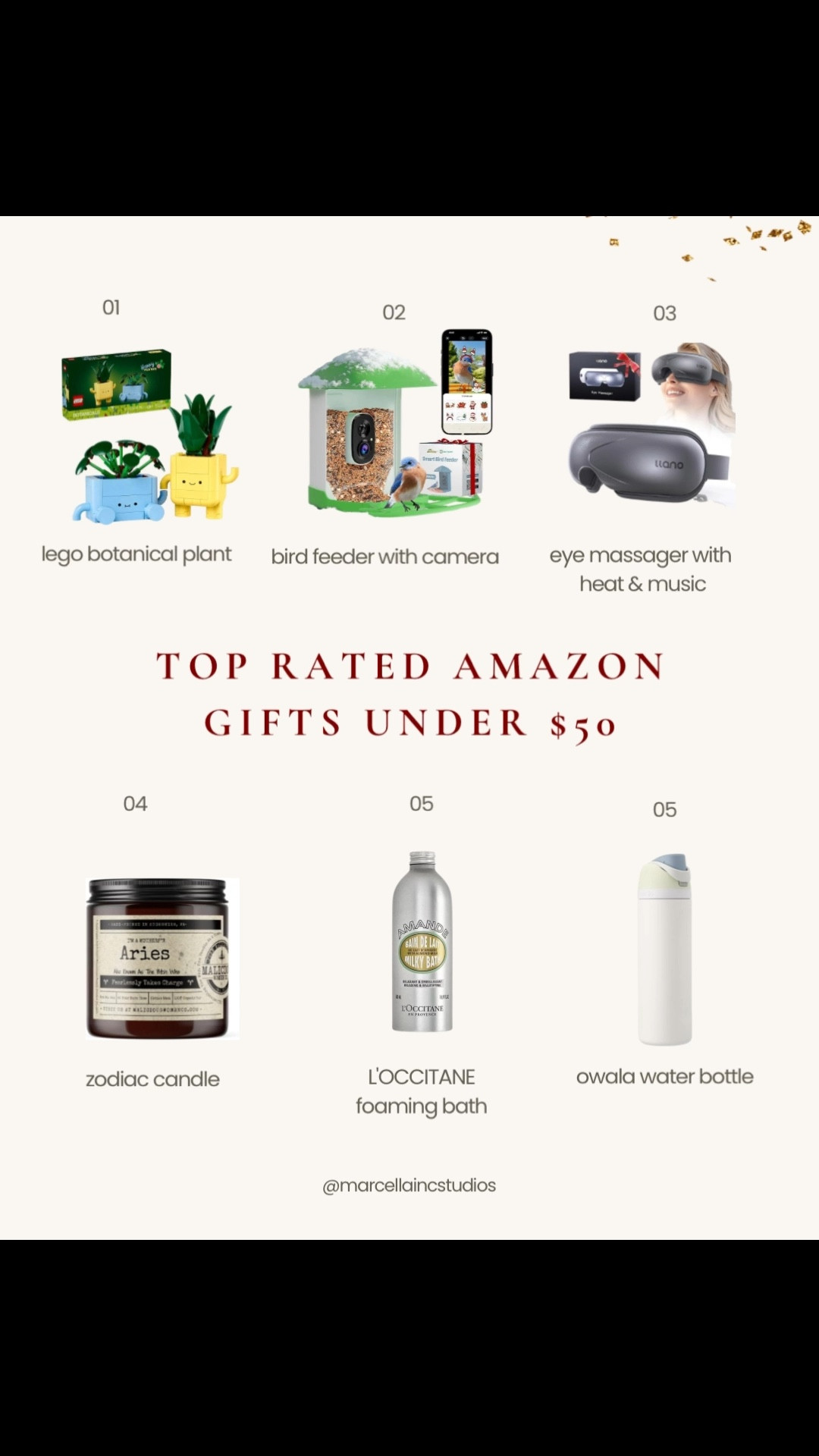 Top-rated Amazon gifts under $50 🎁
Carefully curated, thoughtful, unique picks that I love 🫶🏼
-LEGO botanical set
-bird feeder camera
-eye massagers with heat therapy 
-zodiac candle
-L’Occitane foaming bath
-Owala water bottle 
#AmazonFinds #GiftGuide #GiftsUnder50 #AmazonGifts #HolidayGifts ##AmazonFavorites #GiftIdeas #StockingStuffers 