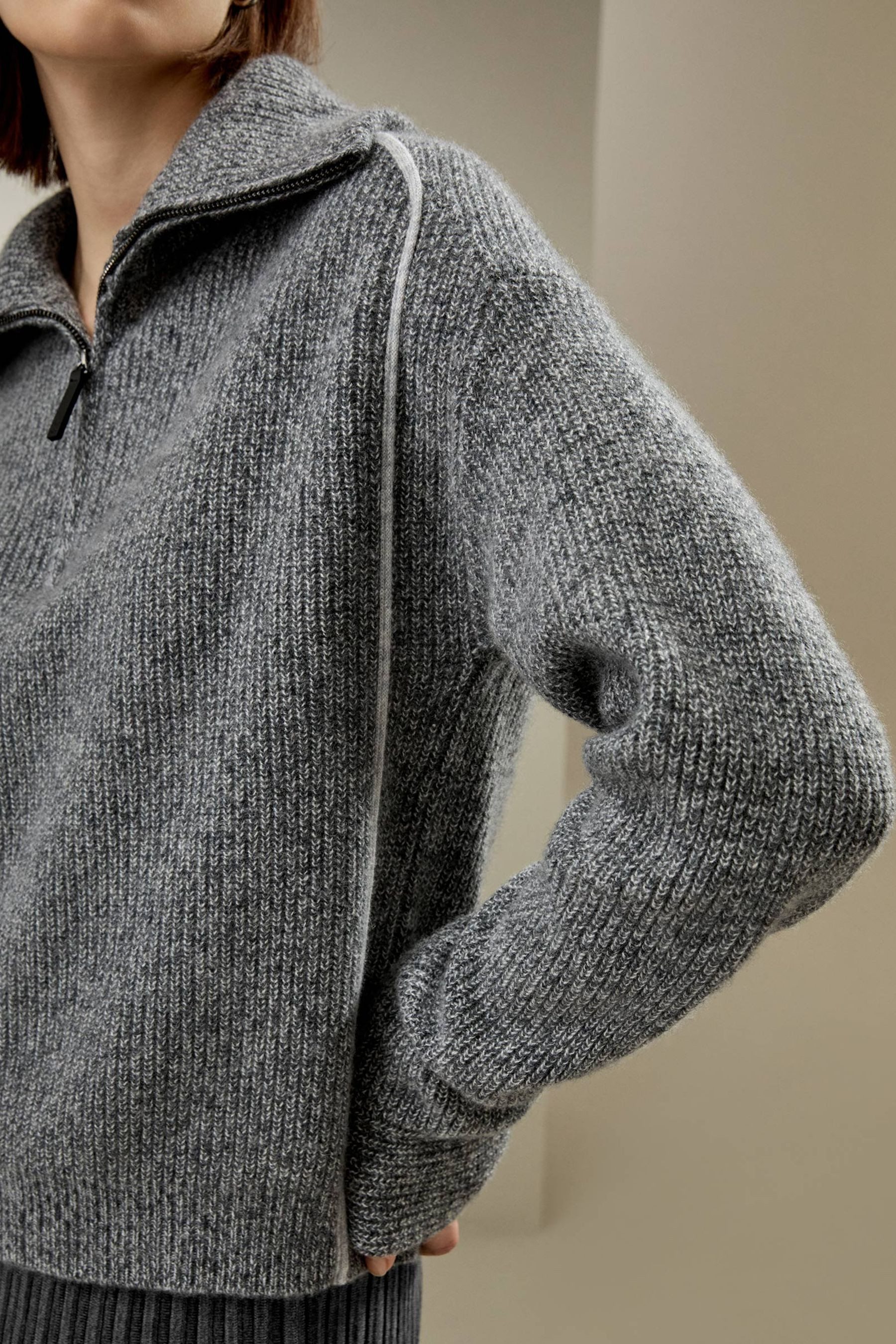 Cashmere Half Zip-Up Ribbed Sweater | LILYSILK