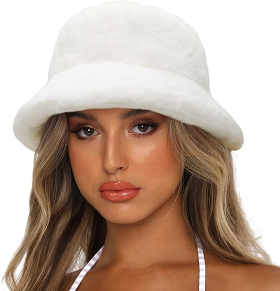 Sydbecs Winter Bucket Hat Fluffy Faux Fur Fisherman Cap for Women Men Solid Color Style | Amazon (US)