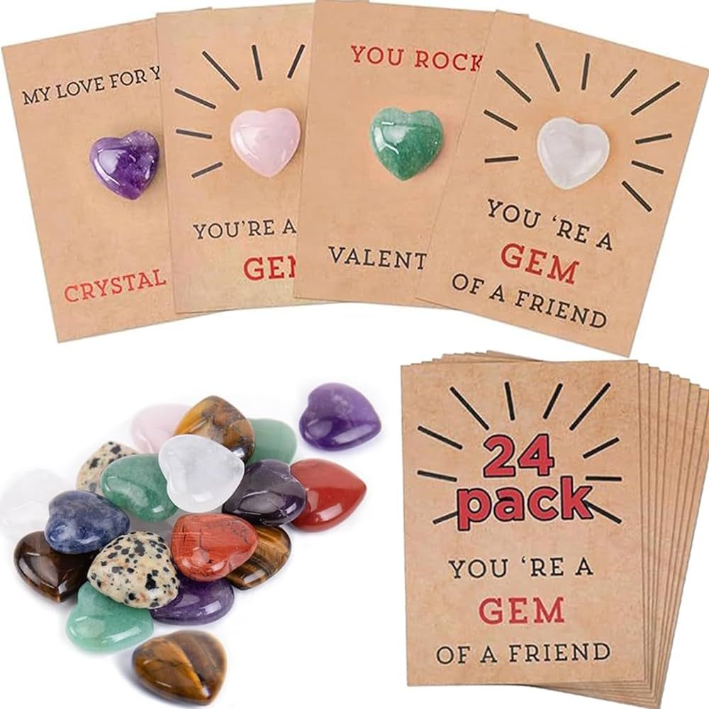 AMLL 24 Pack Valentines Cards with Heart- Shape Crystal Stones, Valentines Day Gifts for Kids, Valentine Gift Exchange for Boys Girls Toddlers Class Classroom School Party Favor | Amazon (US)