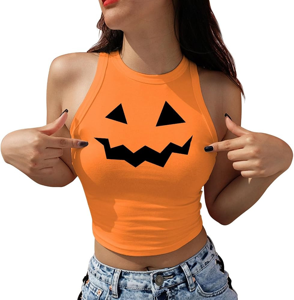 Halloween Pumpkin Shirts for Women Y2K Halter Crop Top Cute Spooky Season Ghost Tank Top | Amazon (US)