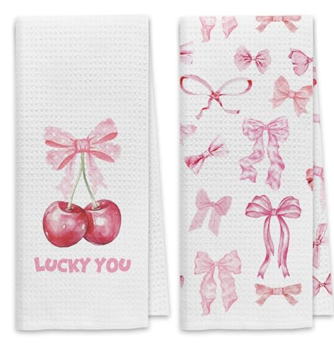 Dibor Pink Cherry Kitchen Towels Dish Towels Dishcloth Set of 2, Preppy Trendy Bathroom Decor, Lucky You Bows Decorative Absorbent Drying Cloth Hand Towels Tea Towels for Bathroom Kitchen | Amazon (US)