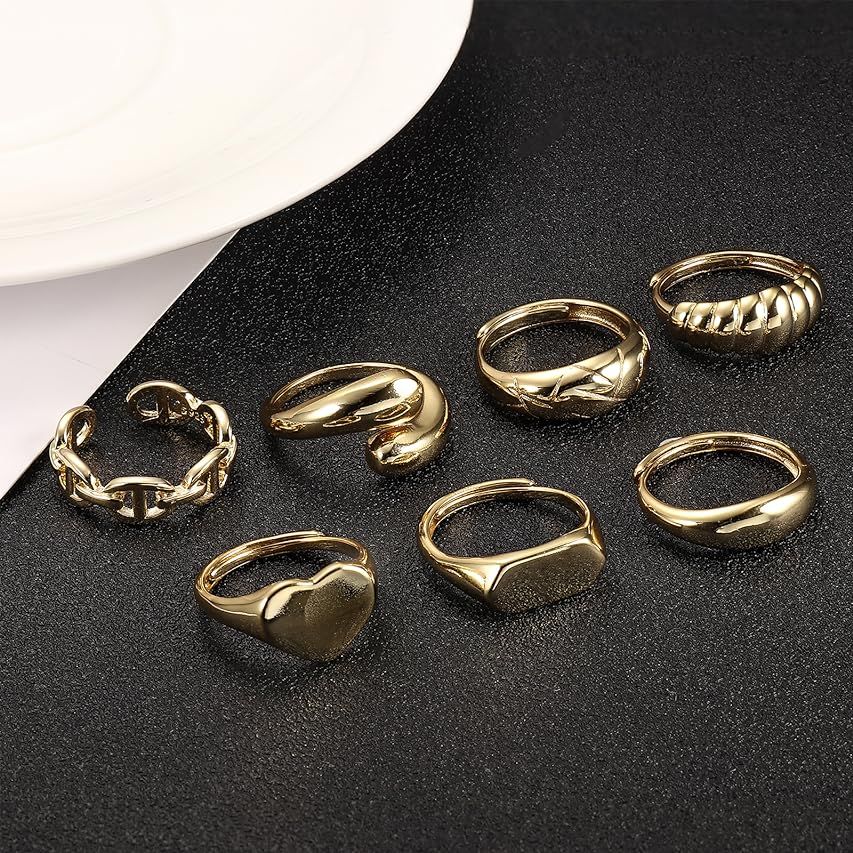 MOROYA 10PCS Gold Dome Chunky Rings for Women 18K Gold Plated Braided Twisted Round Signet Rings Adj | Amazon (US)