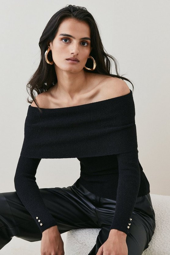 Cosy Off The Shoulder Trimmed Knit Top | Karen Millen US