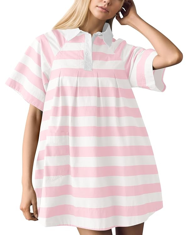 Meladyan Women's Striped Polo Dress Lapel Mini Dresses Cute Stripes Pleated Shirt Dress Summer Be... | Amazon (US)