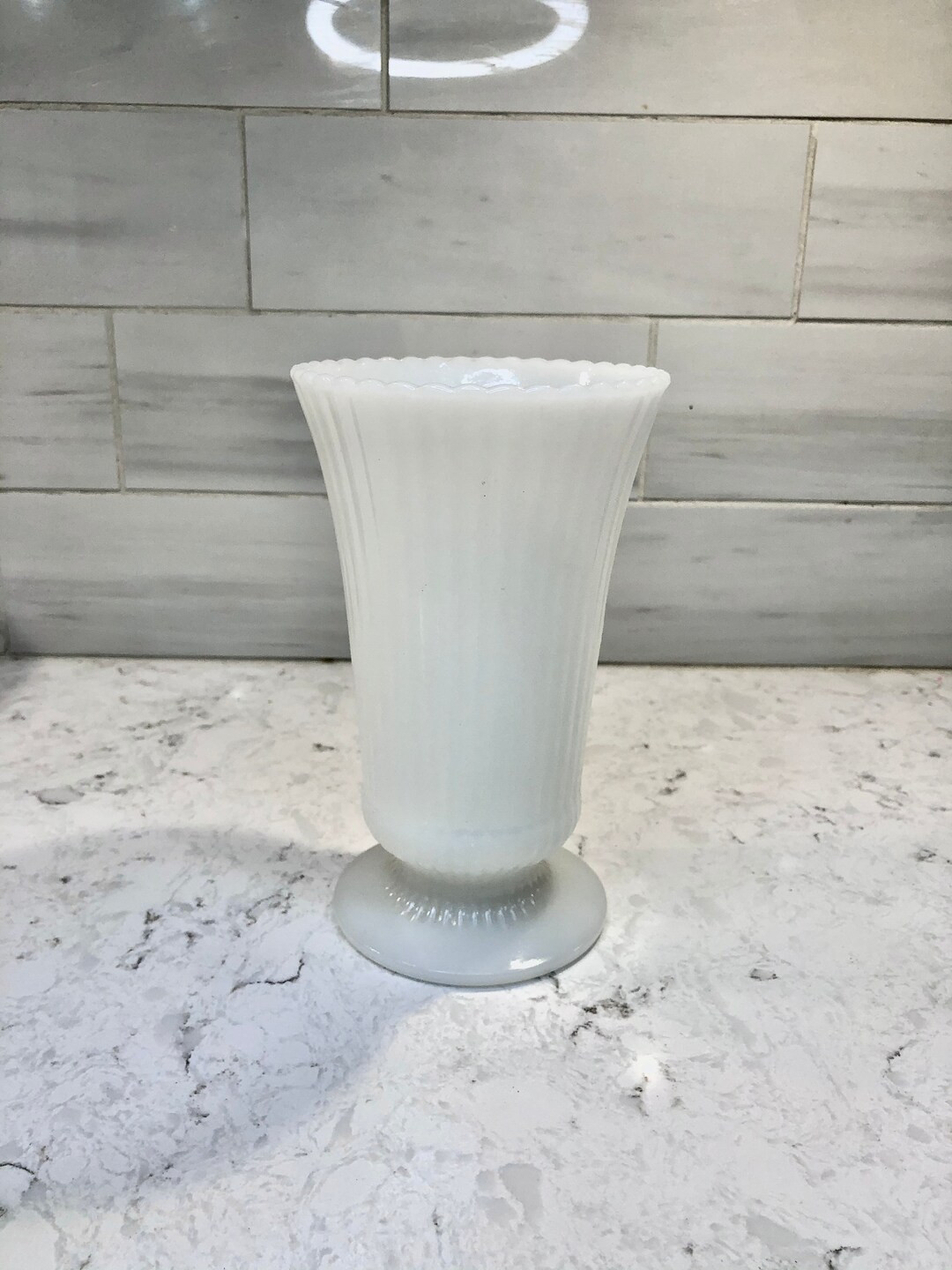 E. O. Brody Vintage Milk Glass Pedestal Vase With Ribbed Stripes, Ruffled Edge Milk Glass Vase, S... | Etsy (US)