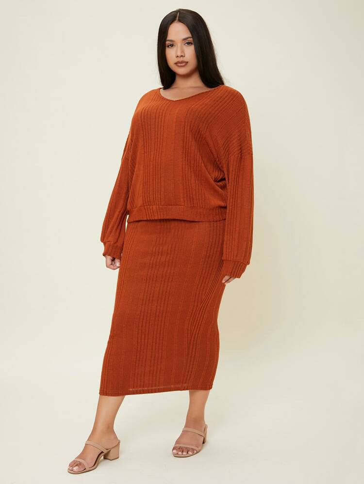 SHEIN BASICS Plus Ribbed Knit Drop Shoulder Top & Skirt | SHEIN