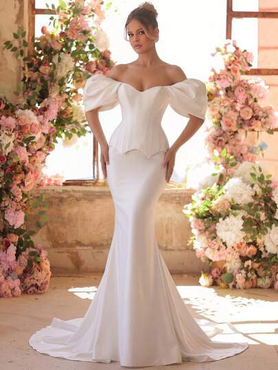 Glamrae Elegante y lujoso vestido de diseño de manga de un hombro, escote de corazón, dobladillo de onda de espina de pescado, tela de satén con dobladillo de sirena, adecuado para diversas ocasiones como vestidos de novia y vestidos de gala - Talla M | SHEIN
