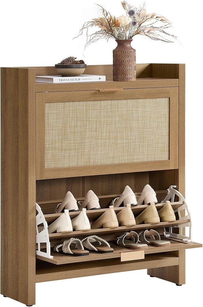 SICOTAS Rattan Shoe Storage Cabinet with 2 Flip Drawer - 11.6" Deep Freestanding Shoe Organizer w... | Amazon (US)