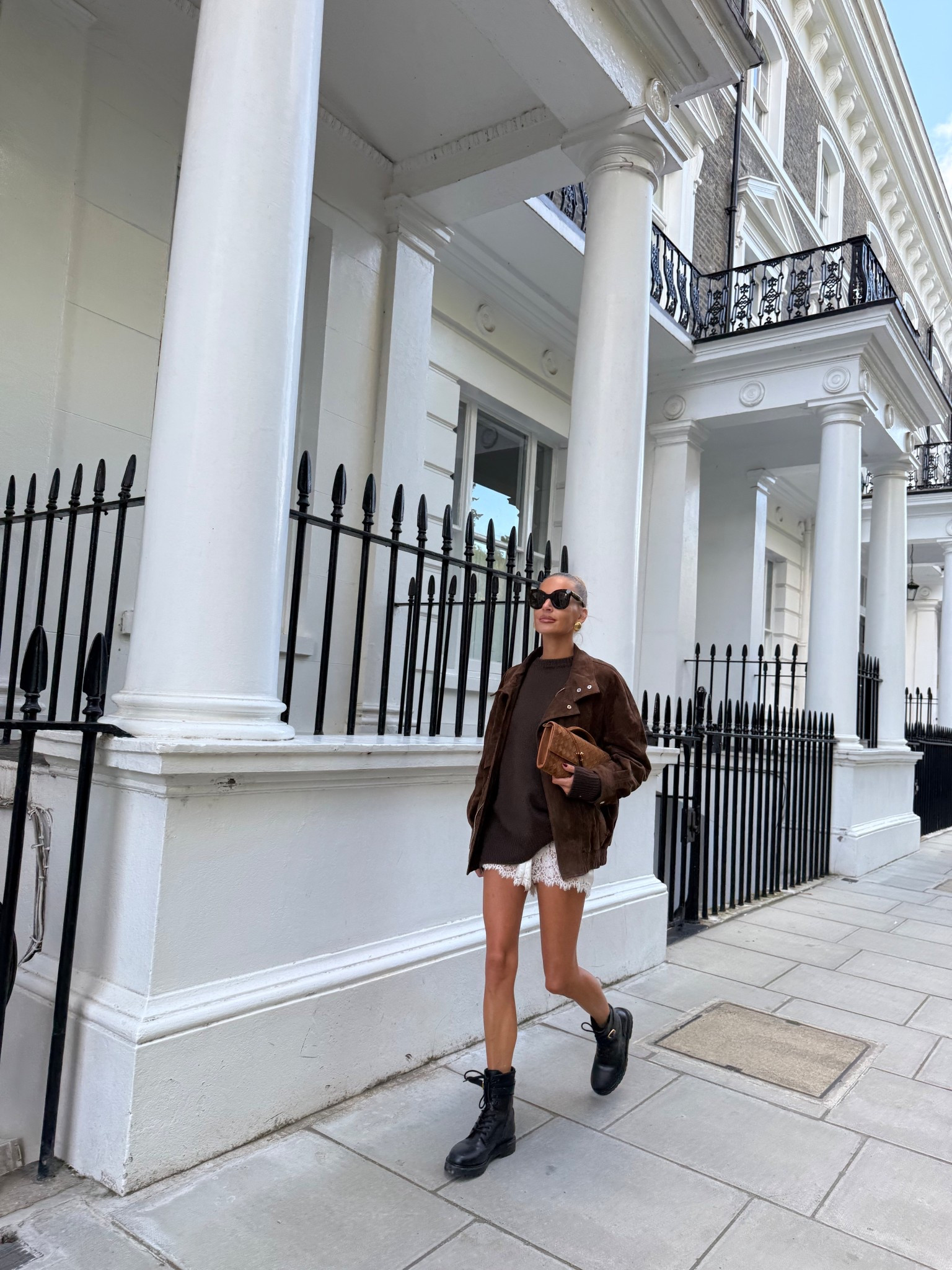 Brown suede look silk shorts biker boots cashmere 