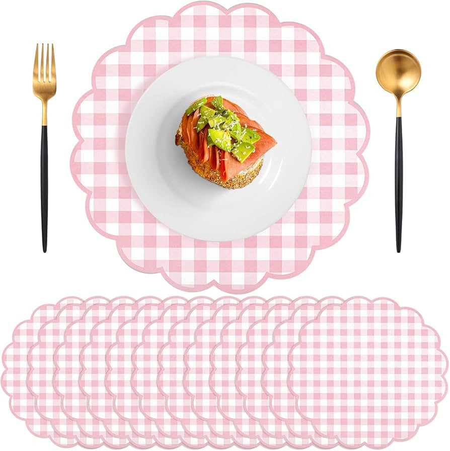 60 Pcs Pink and White Gingham Paper Placemat,13.5 Inch Scalloped Checkered Place Mats Disposable ... | Amazon (US)