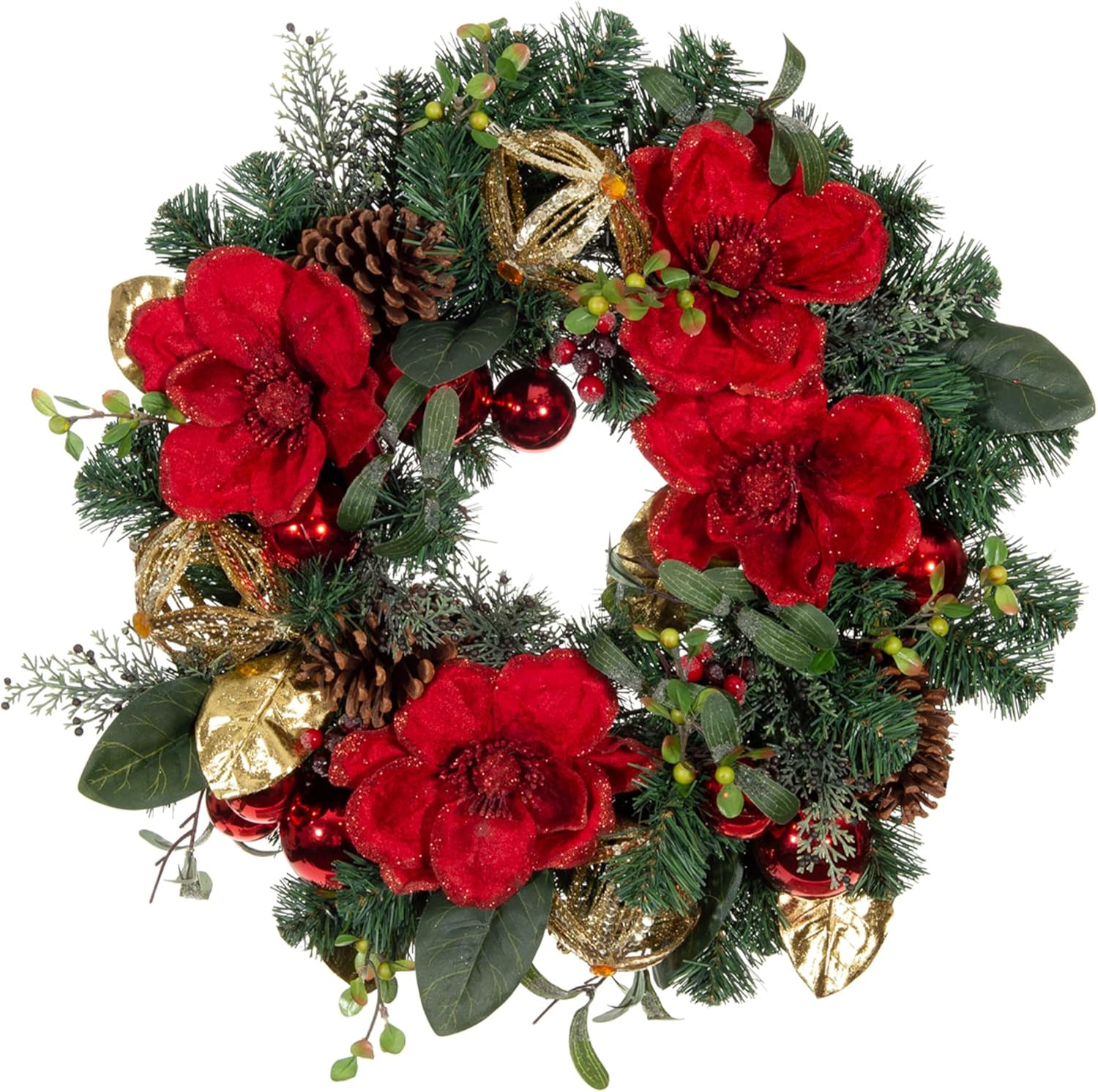 [24 Inch Artificial Christmas Wreath] - Red Magnolia Collection - Red and Gold Decoration - Pre L... | Amazon (US)