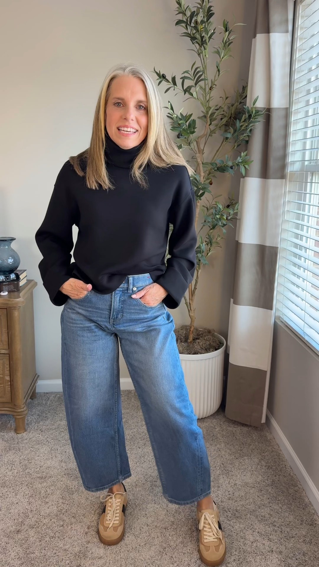 SPANX barrel leg jeans. First time customers use LISAXSPANX for 15% off. 

#LTKOver40 #LTKgrwm