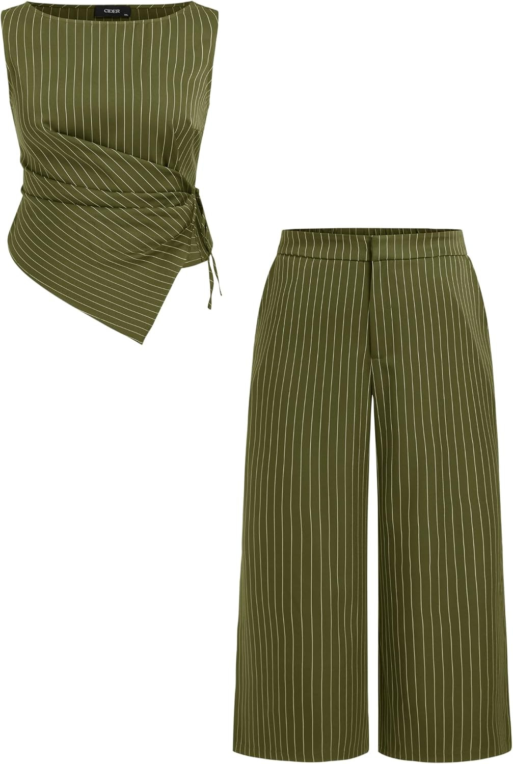 CIDER Boat Neck Striped Wrap Knotted Top & Mid Rise Wide Leg Trousers Set Curve & Plus | Amazon (US)