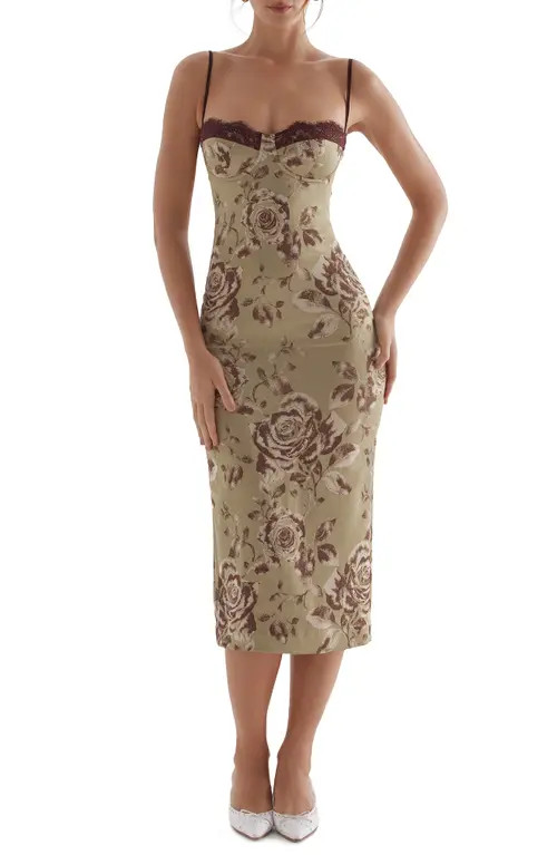 HOUSE OF CB Cassia Lace Corset Midi Dress in Olive at Nordstrom, Size Small D | Nordstrom