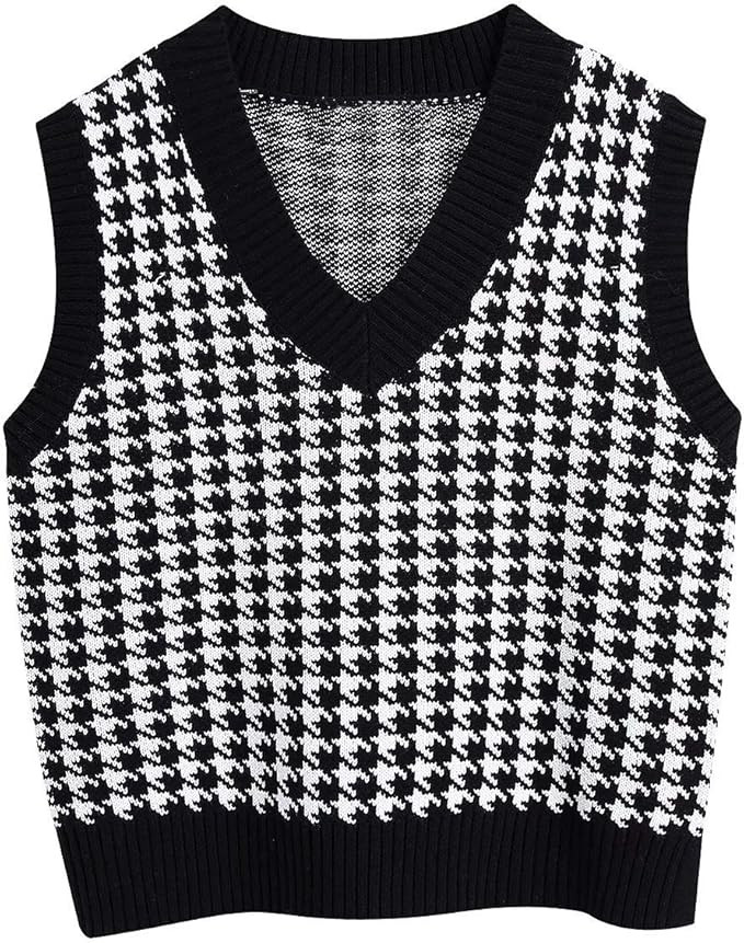 Sdencin Women Houndstooth Pattern Knit Sweater Vest Sleeveless Loose V-Neck 90s Waistcoat Pullove... | Amazon (US)
