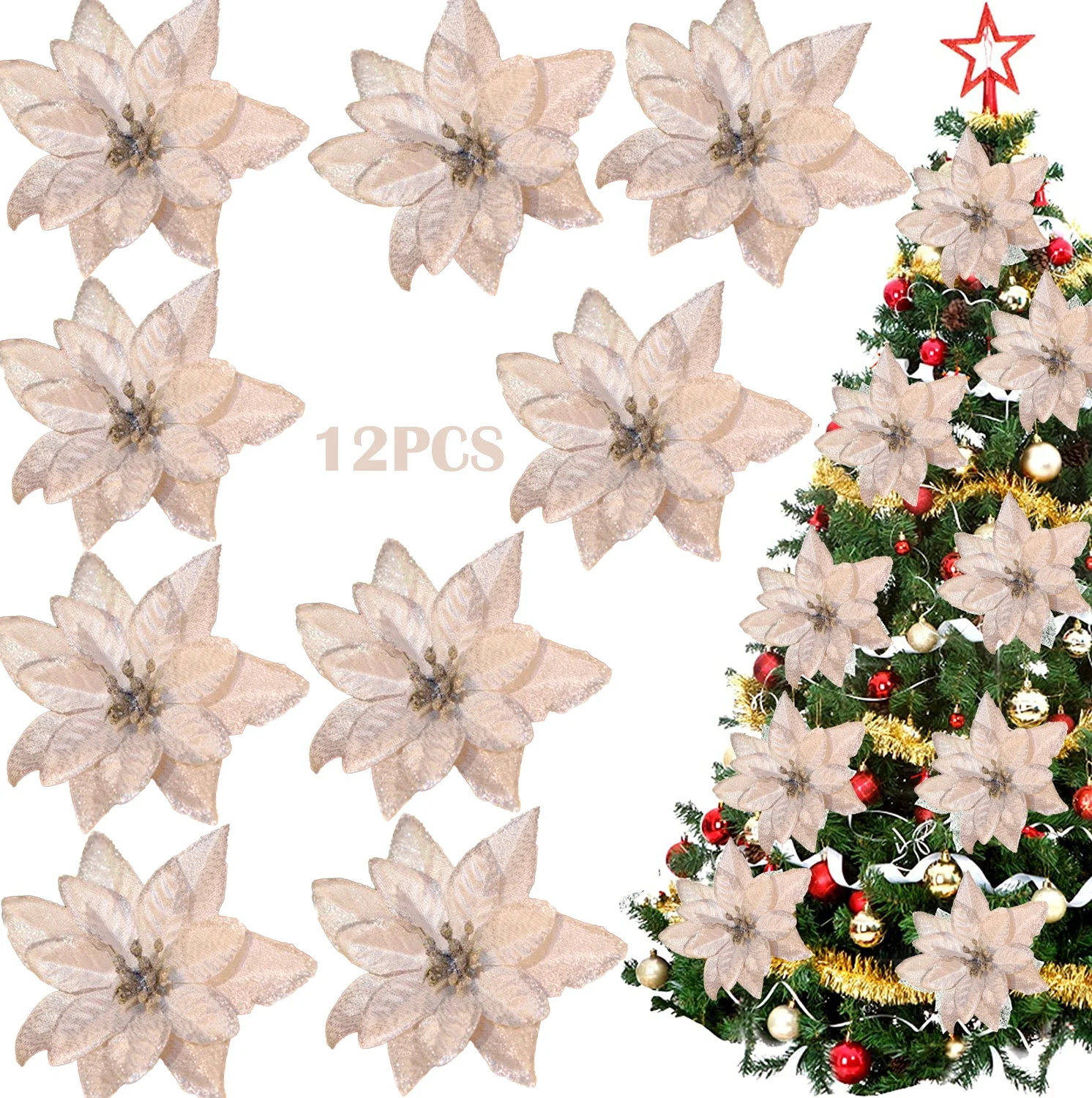 12PCS Glitter Christmas Flowers Christmas Tree Ornaments Artificial Wedding Christmas Poinsettia ... | Walmart (US)