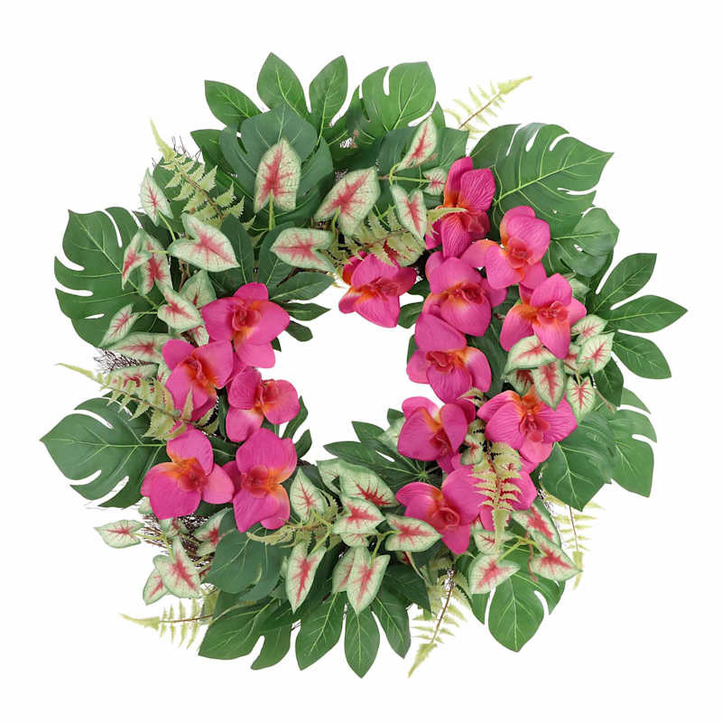 Pink Orchid with Mixed Tropical Leaves Wreath, 24" | At Home