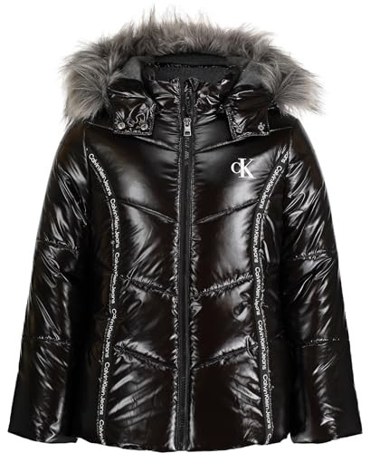 Calvin Klein Girls' Hooded Winter Puffer Jacket, Full-Length Heavyweight Coat with Fleece Lining, Black Logo Tape, 7 | Amazon (US)