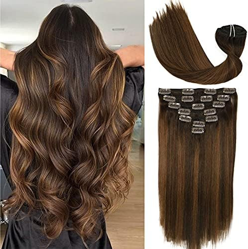 Vario Hair Clip in Hair Extensions Human Hair 22inch Dark Brown mix with Chestnut Brown Ombre Str... | Amazon (US)