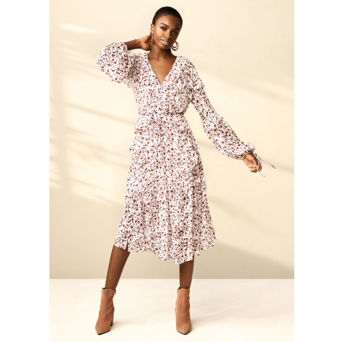 River Island Womens Cream RI Studio ditsy frill maxi dress | River Island (UK & IE)
