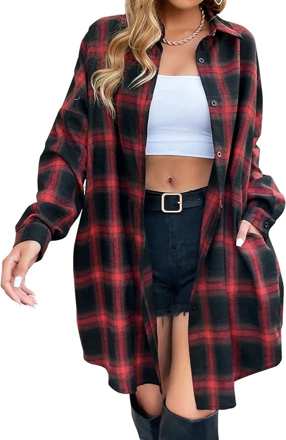 Blooming Jelly Women's Button Down Flannel Shirts Plaid Shacket Long Sleeve Collared Long Jacket ... | Amazon (US)