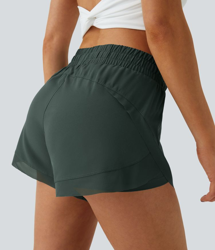 Mid Rise Drawstring Contrast Mesh 2-in-1 Flowy Running Shorts 3'' | HALARA