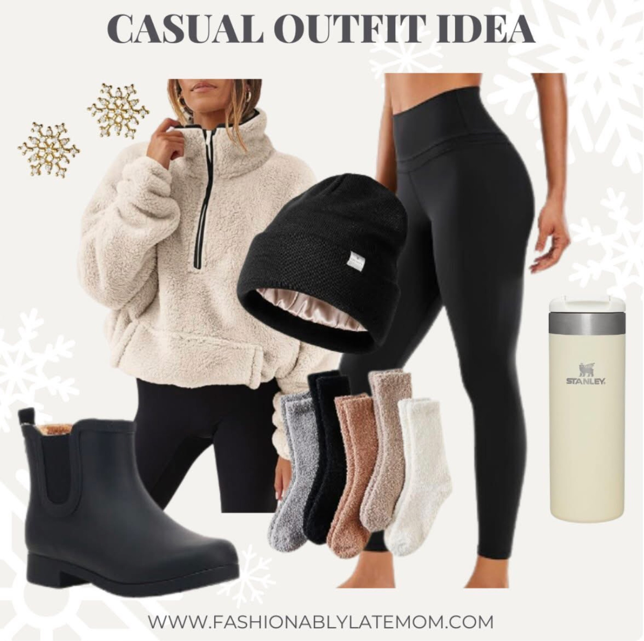 Casual outfit idea from Amazon. 

Fashionably Late Mom. 
Women’s outfits ideas. 
Stanley water bottle. 
Fuzzy socks. 
Winter earrings  