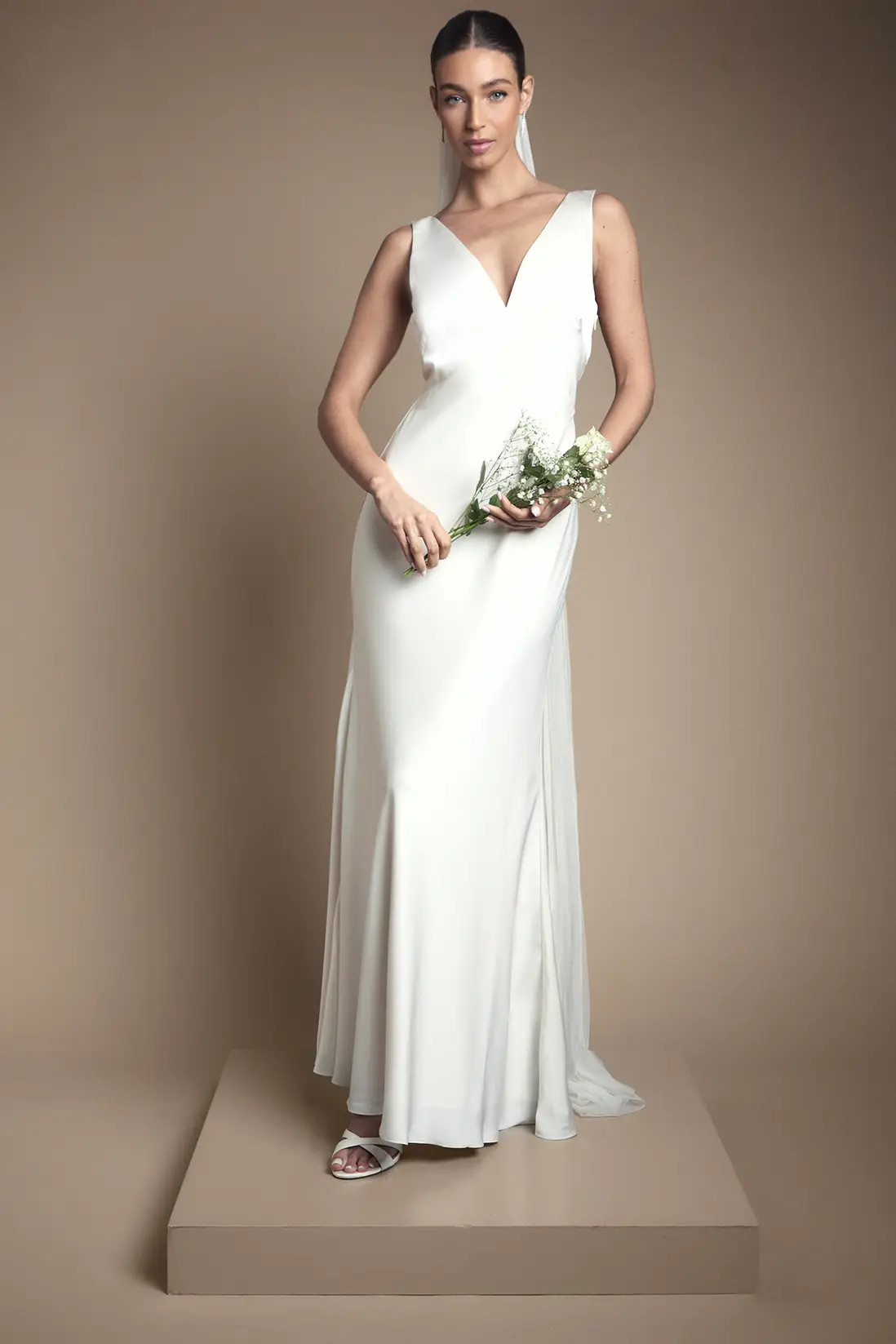 Satin V Neck Maxi Wedding Dress with Back Sash Detail | Karen Millen