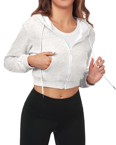 FKEEP Cropped Zip Up Hoodie Women Jacket Top Sweatshirt Casual Basic Gym Workout Sport Grey | Amazon (US)