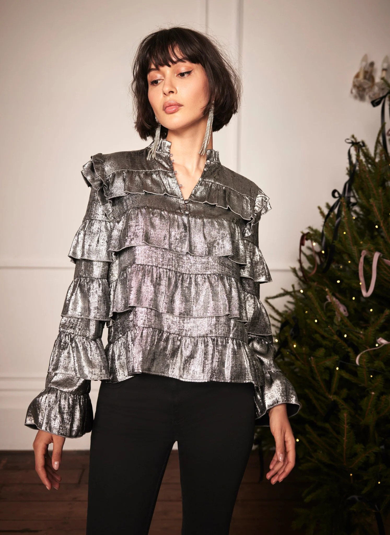 Silver Metallic Ruffle Blouse | Mint Velvet