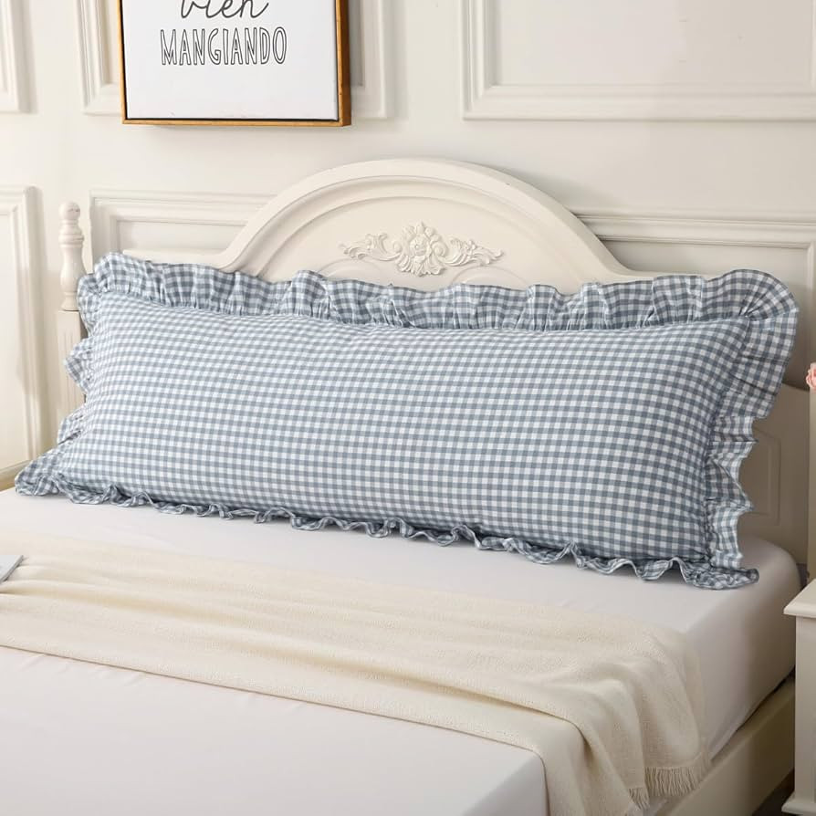 Light Blue Plaid Body Ruffle Pillow Sham,Washed Cotton Shabby Checkered Gingham Long Pillow Cover... | Amazon (US)