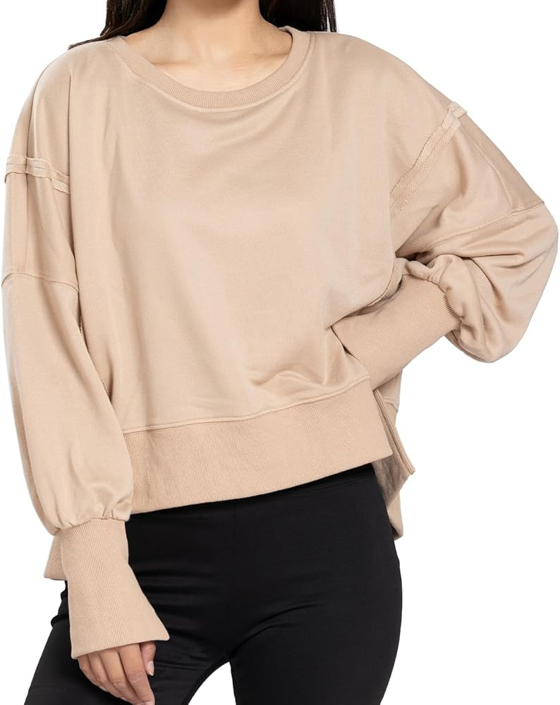 Womens Crewneck Sweatshirts Cropped Long Sleeve Tops Oversize Loose Fit Tee Side Slit Pullover Ts... | Amazon (US)