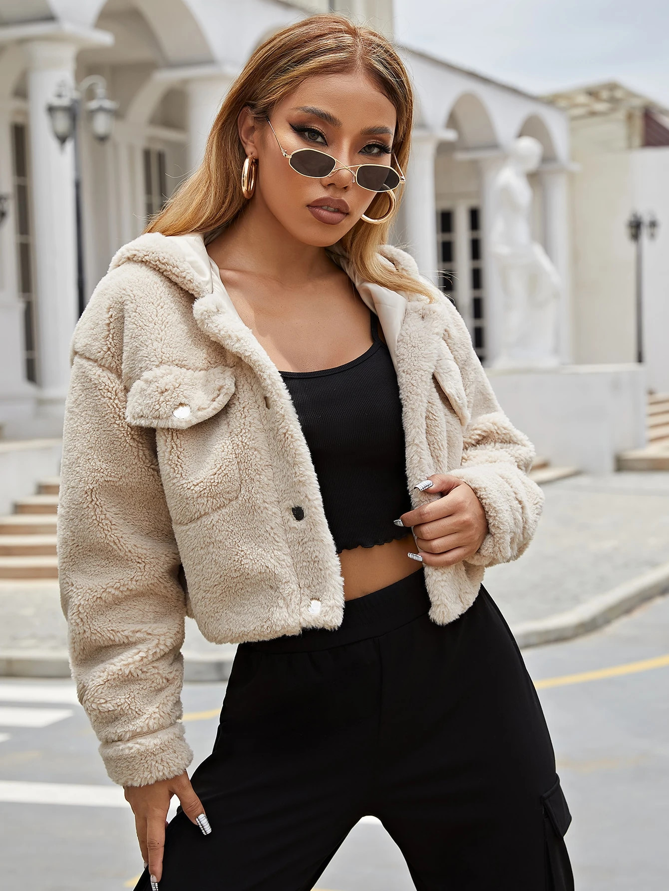 SHEIN Flap Pocket Hooded Teddy Jacket | SHEIN