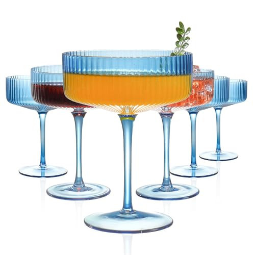 FERAHI 6 Pcs Ribbed Coupe Glasses, 10 oz Blue Martini Glasses Set, Cute Espresso Martini Glass & Champagne Coupe Glass, Elegant Bar Glassware for Cocktails, Wine, Outdoor Entertaining & Gifts | Amazon (US)