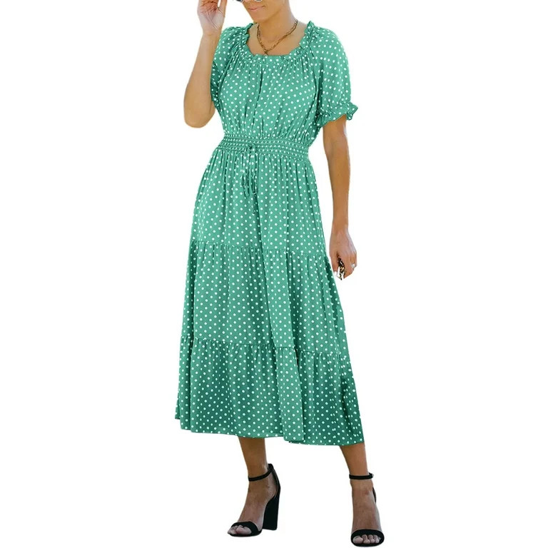 Bebiullo Women Polka Dots Tie Waist Dress Elegant Short Sleeve Ruffle Pleated Flowy Midi Dress Ca... | Walmart (US)