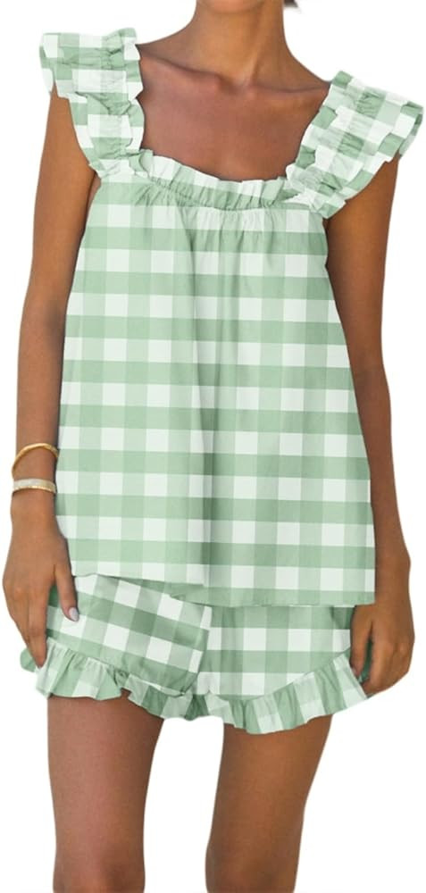 Aopwsrlyi Women's Summer Pajama Set Cute Ruffle Trim Cami Tank Top and Casual Shorts Set 2 Piece ... | Amazon (US)