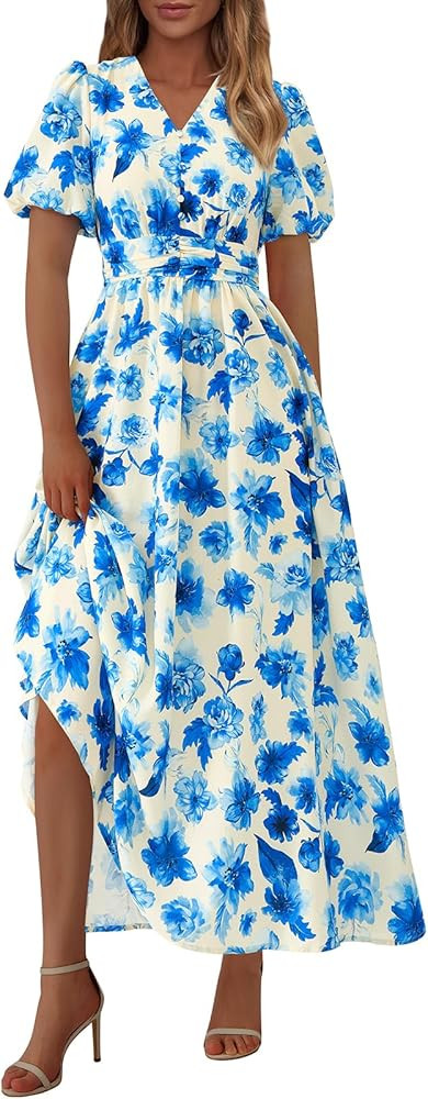 PRETTYGARDEN Summer Maxi Dresses for Women 2025 Floral V Neck Puff Sleeve Empire Waist A Line Flo... | Amazon (US)