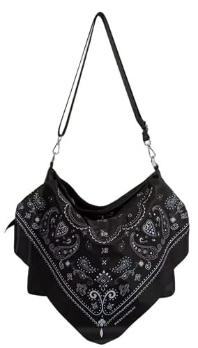 Western Paisley Bandana Print Bag Braided Handle Slouchy Vintage Y2K Aesthetic Large Canvas Tote Crossbody Sling Bag Trendy Retro Hippie Purse for Women (Black) | Amazon (US)