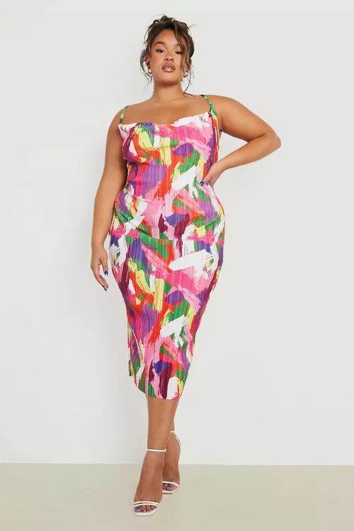 Plus Abstract Plisse Cowl Neck Midi Dress | Boohoo.com (UK & IE)