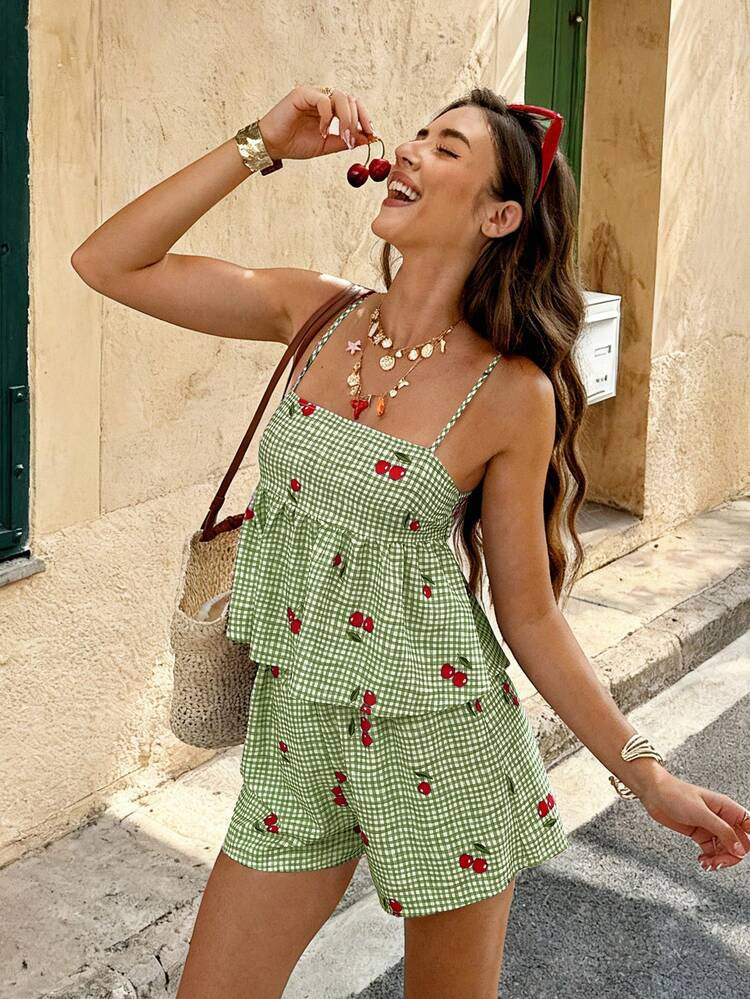 Doriss 2 Pieces Cherry Print Camisole And Shorts Set, Suitable For Festivals, Vacations, Attention-Grabbing, Romantic Holiday, Elegant, Back To School, Outings And Other Occasions | SHEIN